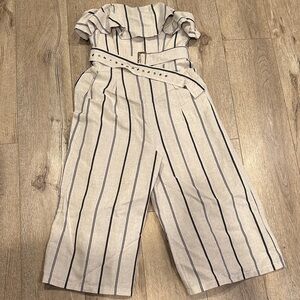 L'ATISTE Cream and Black Striped Strapless Jumpsuit with Belt